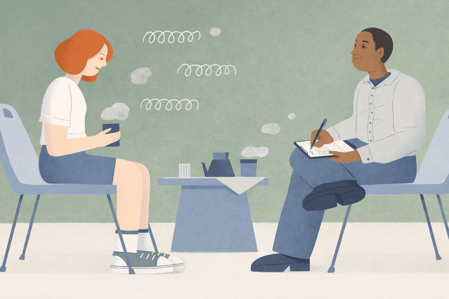 Illustration of a one-on-one therapy session between a therapist and a client, representing the core structure of Dialectical Behavior Therapy (DBT). The therapist is attentively taking notes while the client holds a warm drink, suggesting a safe, supportive environment.