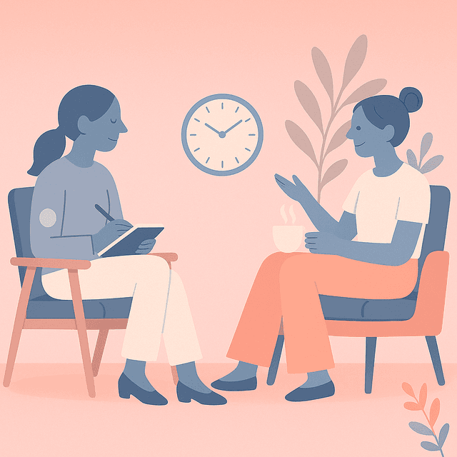 Illustration of a first therapy session with two women sitting across from each other in chairs, one holding a notebook and the other a coffee cup, in a calm, pastel-toned room representing how to prepare for your first therapy session.