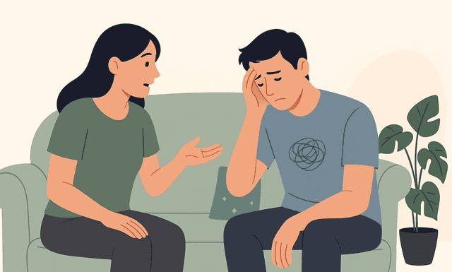 depiction of a mother speaking to her adult son with his head in his hand and a symbol showing turmoil in his chest to symbolize speaking to someone in an emotional crisis